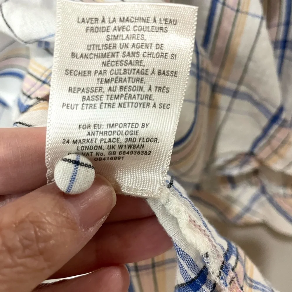 ANTHROPOLOGIE Maeve Plaid Ruffle Blouse Top Long Sleeve High Low Hem SZ 10 EUC - Picture 7 of 10